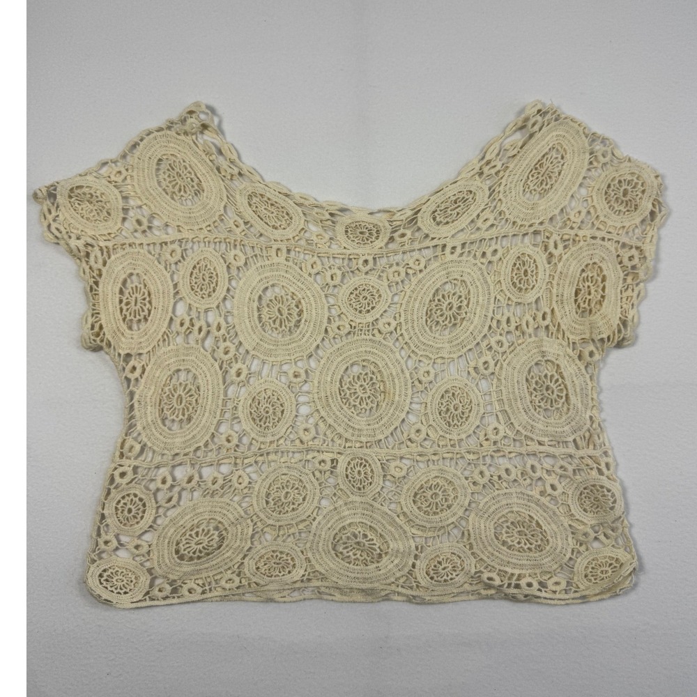 Boho‎ Cottagecore Crochet Lace Medallion Crop Top Women Med Cream Short Sleeve